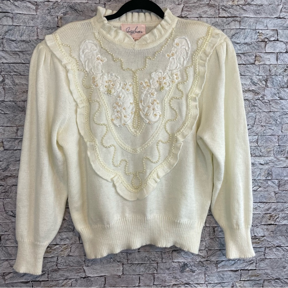 Jaclyn Smith Pearl Bead Sweater cream yellow ruffles and puffy shoulders